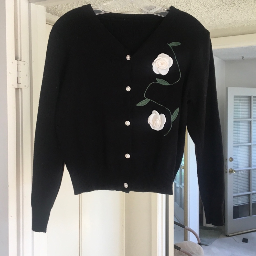 VINTAGE-BLACK CARDIGANwHANDMADE GARDENIA FLOWERS & EMBROIDERED STEMS